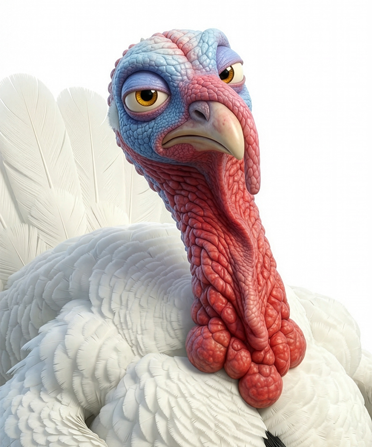 Close-up of a turkey with a large, exaggerated comb on a white background