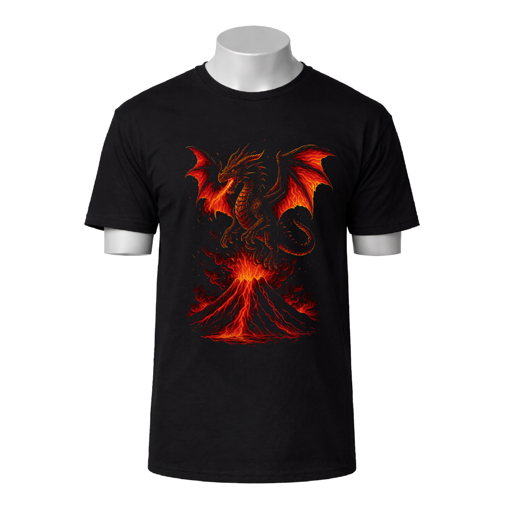 Black t-shirt with a red dragon design on a white background