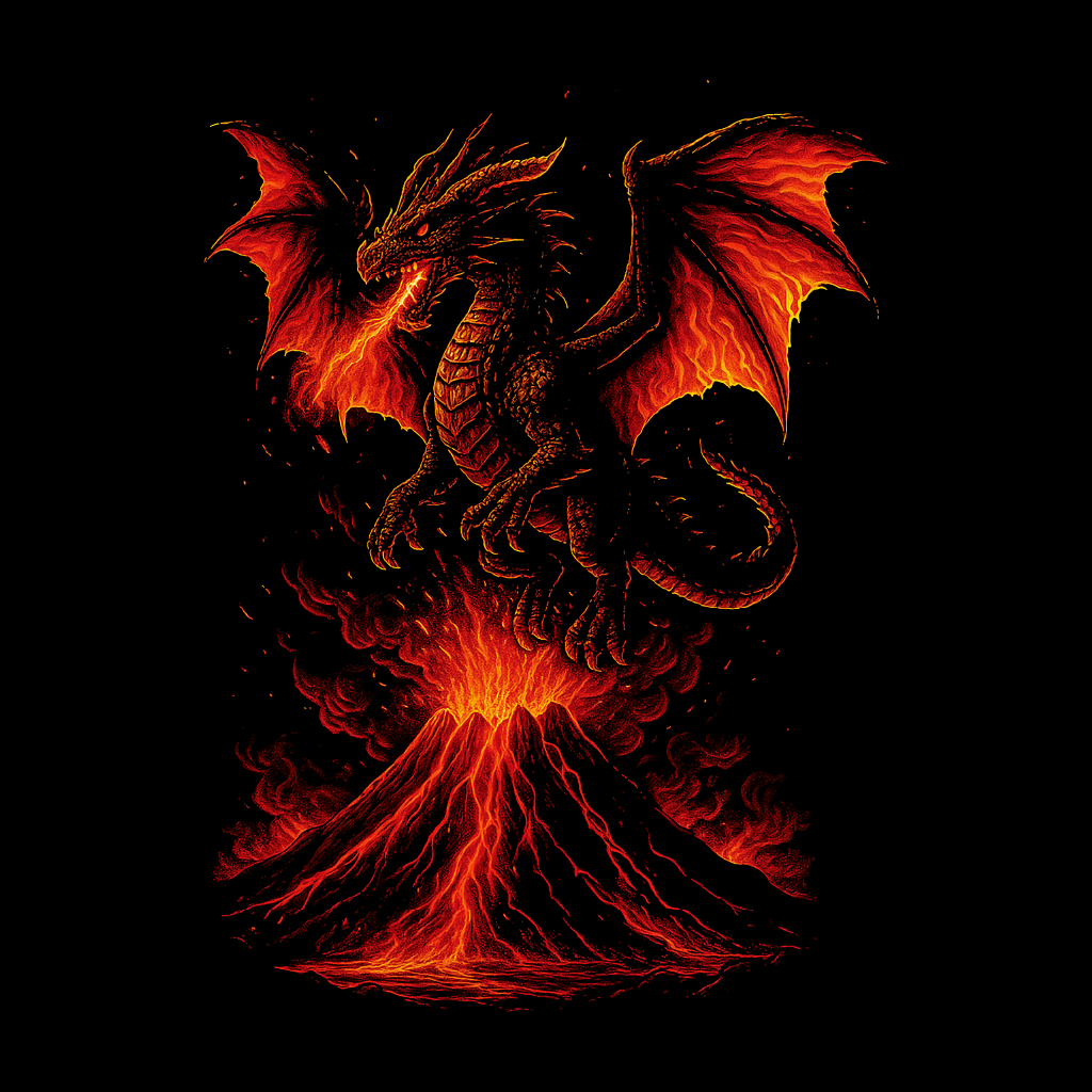 Dragon emerging from flames on a black background