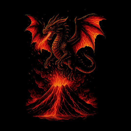 Dragon emerging from flames on a black background