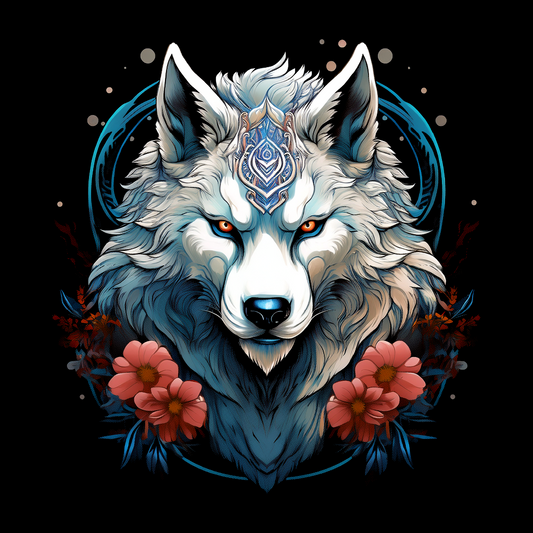 Artistic illustration of a wolf with floral elements on a black background