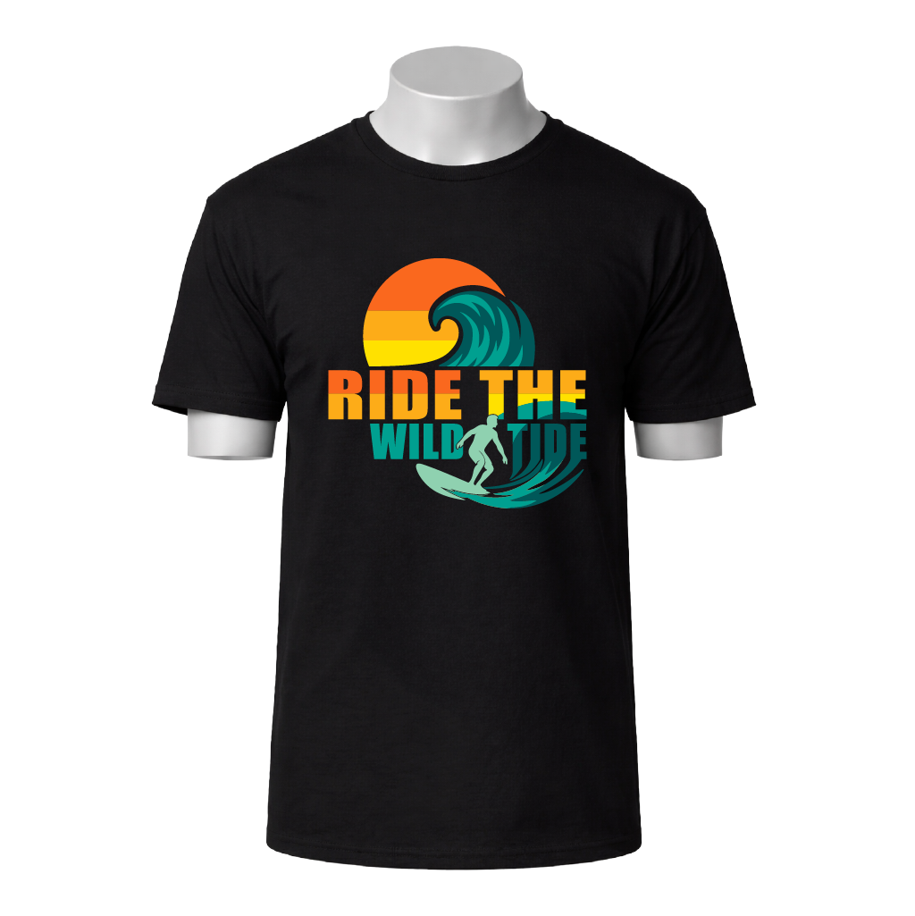 Black t-shirt with colorful graphic and 'Ride the Wild Tide' text on a white background