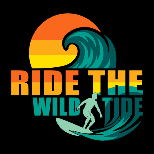 Vintage-style graphic with a wave, sun, and surfer on a black background with colorful text.