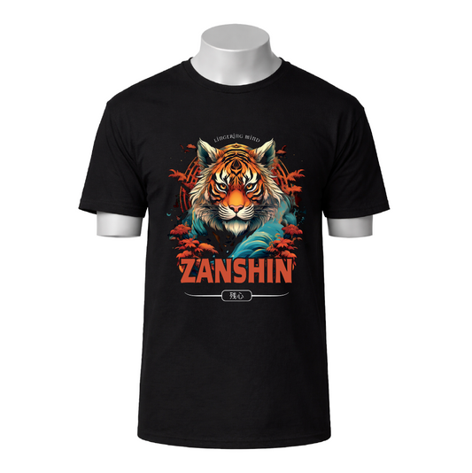Black t-shirt with a tiger graphic and 'ZANSHIN' text on a white background