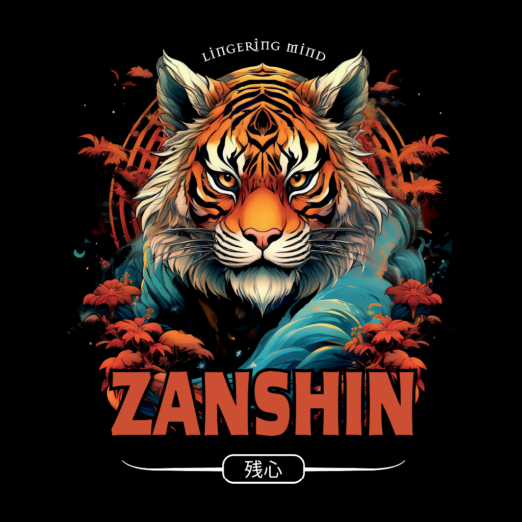 Colorful tiger illustration with 'ZANSHIN' text on a black background